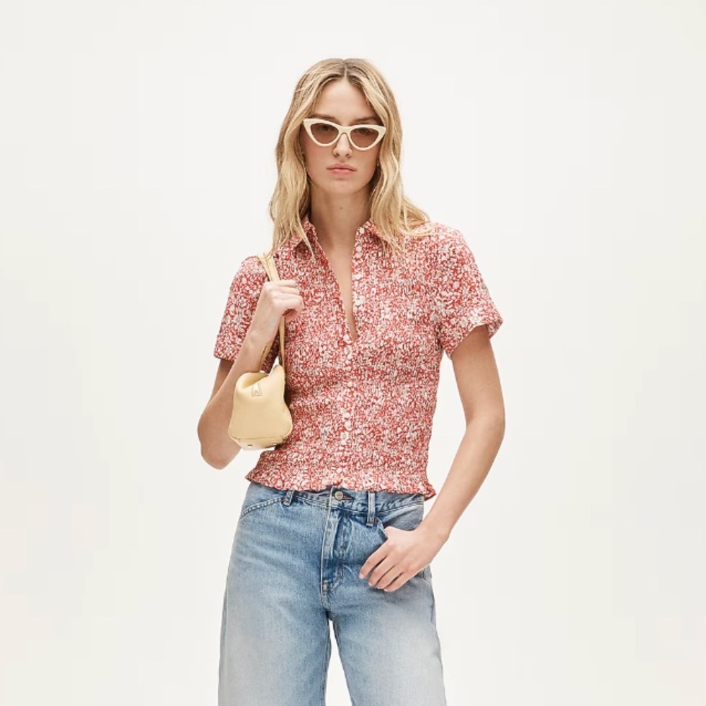 Smocked button-up short-sleeve shirt in floral print